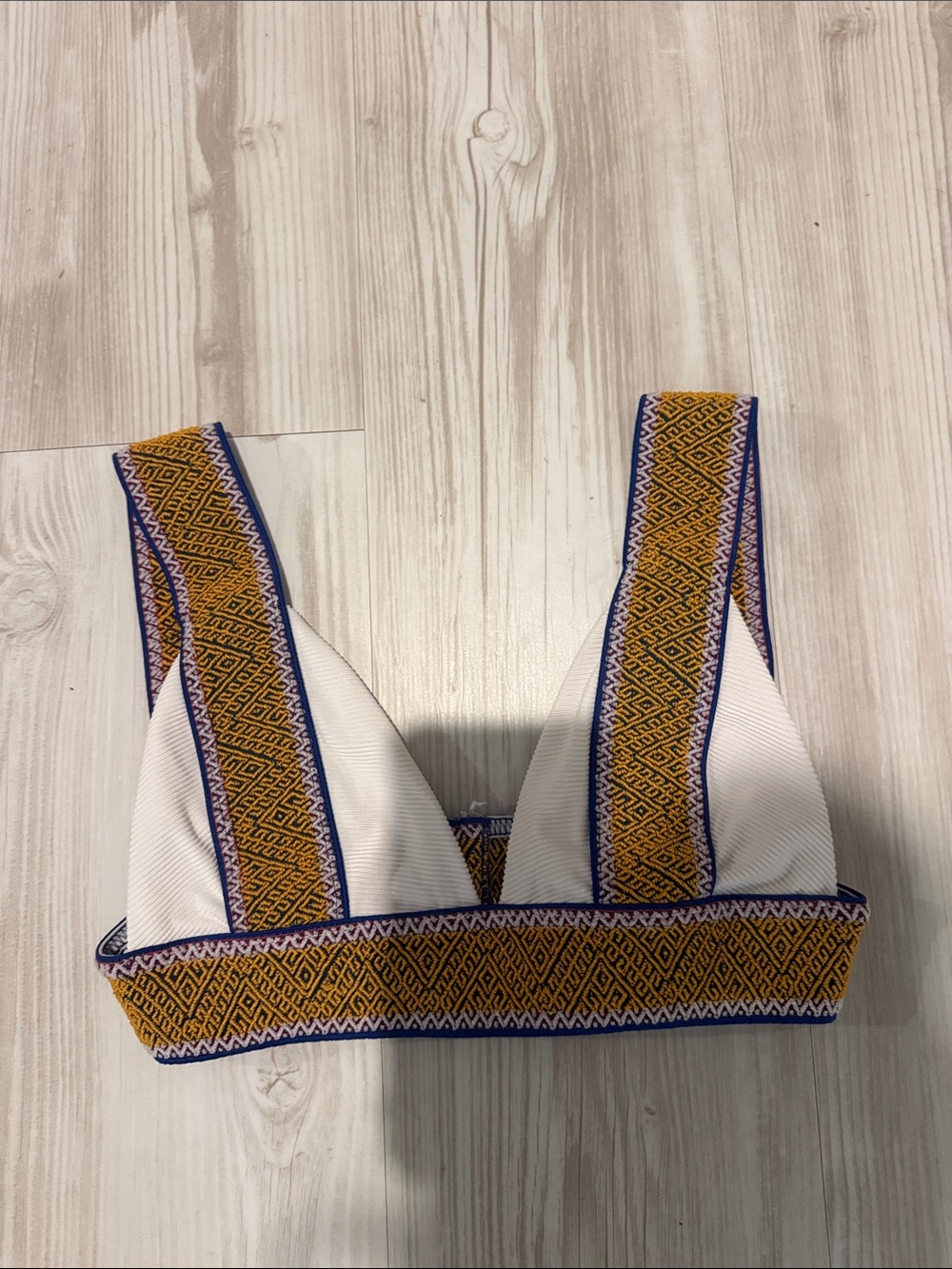 Elysiian White Triangle Bikini Top with Mustard & Blue Trim